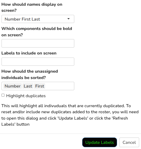 Labels dialog box