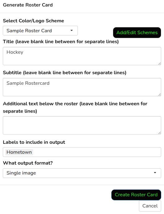 Rostercard diaglog box
